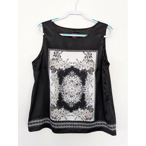 212 Collection XL Satin Sleeveless‎ Top Black White Floral Scarf Print Blouse